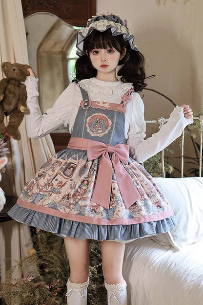 Blue Doll Print Ruffle Bowknot Sweet Lolita Strap Dress