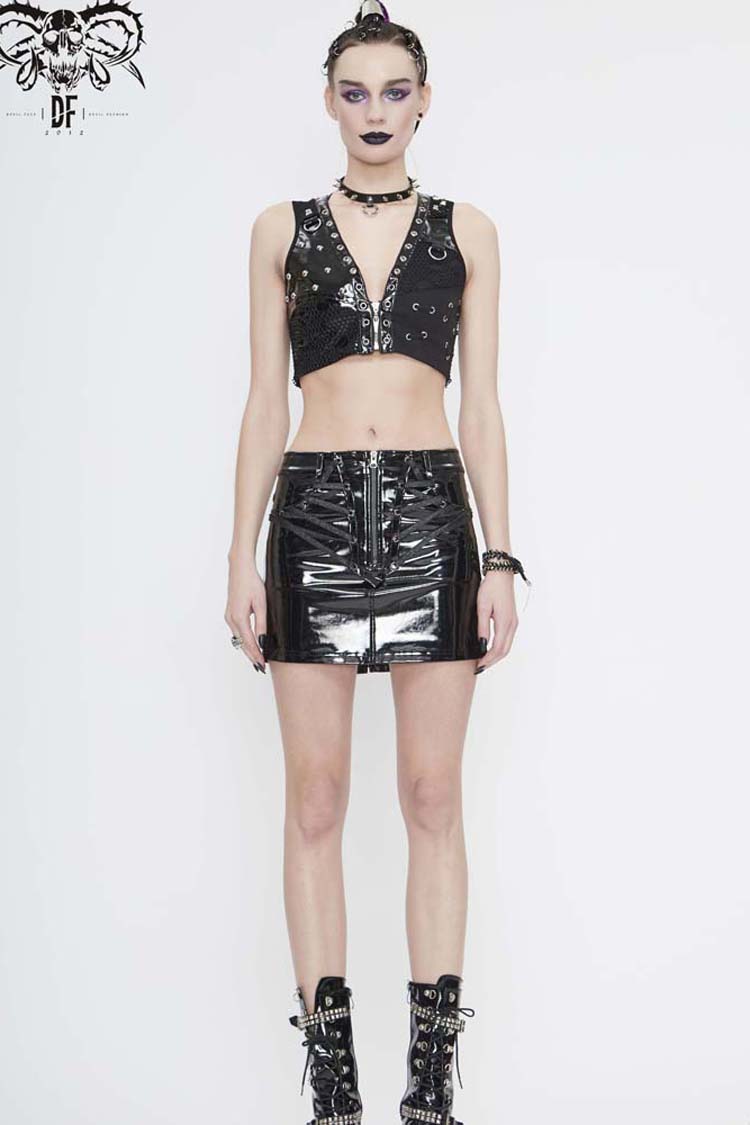 Black Short Leather Splice Mesh Asymmetrical Heavy Metal Decoration Women's Punk Waistcoat
