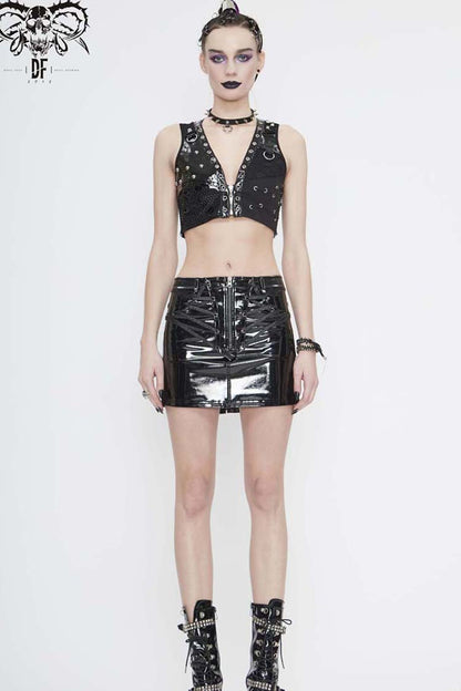 Black Short Leather Splice Mesh Asymmetrical Heavy Metal Decoration Women's Punk Waistcoat