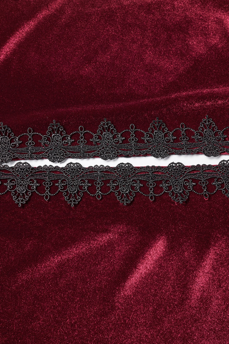 Red Floral Embroidery Diamante Velvet Hooded Women's Gothic Cloak
