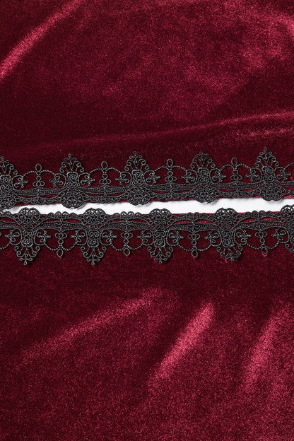 Red Floral Embroidery Diamante Velvet Hooded Women's Gothic Cloak