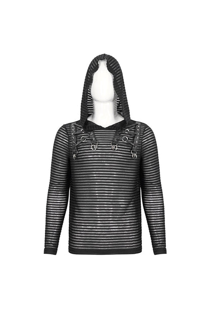 Black Striped Sheer Long Sleeve Men's Punk Sweatshirt Hooded