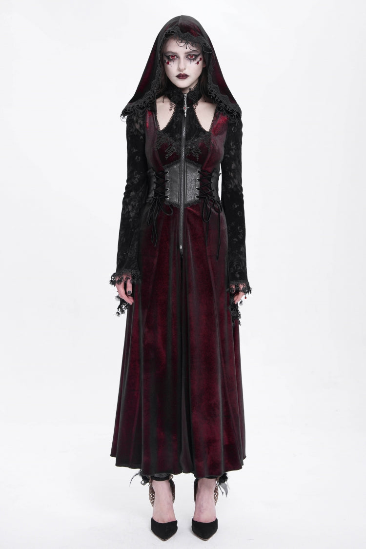Red Long Sleeves Hollow Embroidery Hooded Ripped Women's Gothic Dress Coat