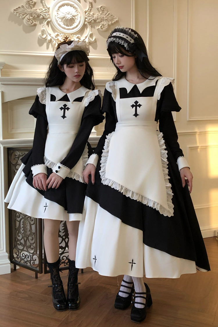Black/White [Halloween Little Maid] Lapel Collar Long Sleeves Printed Ruffled Asymmetric Nun Gothic Lolita Dress