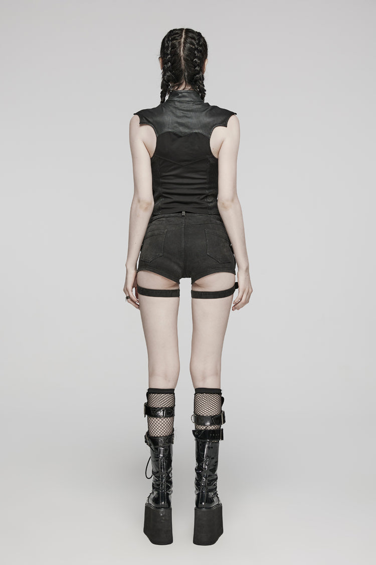 Black Sleeveless Hollow Stretch Knitted Stitching Womens Bat Wings Steampunk Vest