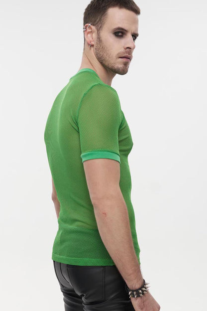 Green Gothic Crew Neck Diamond-Shaped Net Hyperelastic Short Sleeve Men's T-Shirt