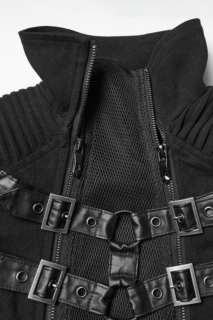 Black Stand Collar Long Sleeves Lace-Up Mesh Buckle Women's Punk Coat