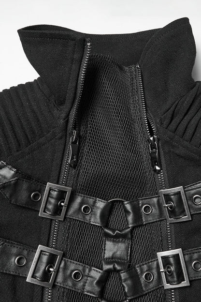 Black Stand Collar Long Sleeves Lace-Up Mesh Buckle Women's Punk Coat