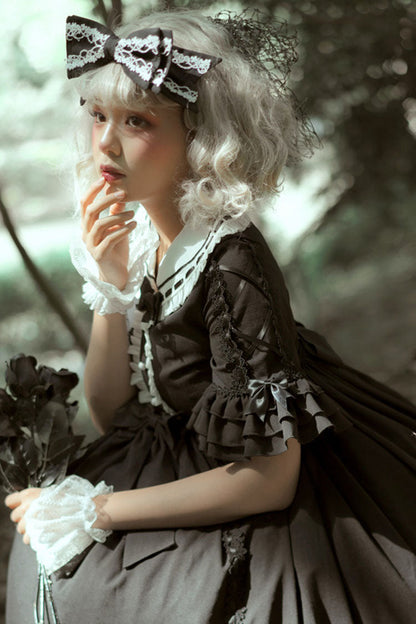 Black Short Sleeves High Waisted Bowknot Ruffled Multi-Layer Gothic Lolita Op Dress