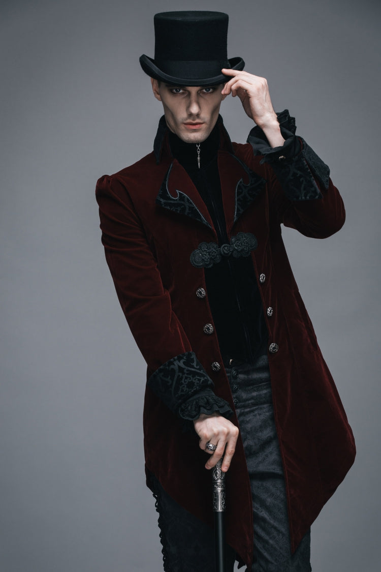 Wine Formal Party Turn Down Collar Long Sleeves Mens Gothic Swallowtail Coat
