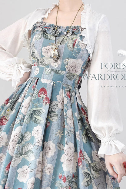 Blue/Green [Forest Basket] Sea Salt Rose Print Bowknot Chiffon Sweet Elegant Lolita Jsk Dress