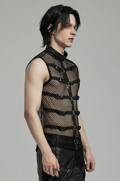 Black Stand Collar Sleeveless Straps Mesh Buckle Men's Punk Vest
