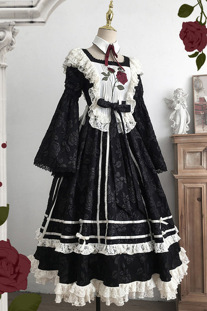 Black [Rose Choir] Double-Layered Ruffle Embroidery Bowknot Lace Gothic Elegant Nun Lolita Dress