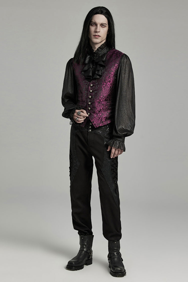 Black/Red Jacquard Lace-Up Slim Men's Gothic Vest