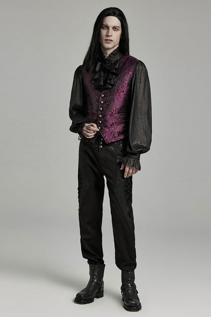 Black/Red Jacquard Lace-Up Slim Men's Gothic Vest