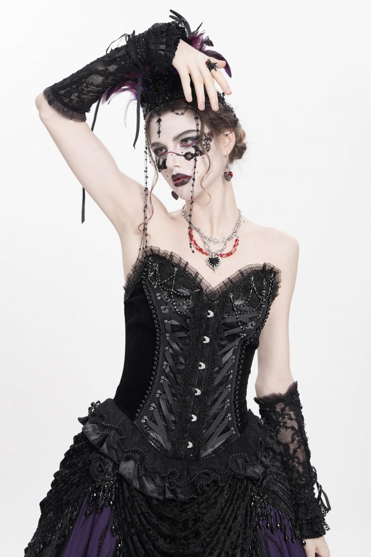 Black Sleeveless Beaded Lace Lace-Up Women's Gothic Overbust Corset