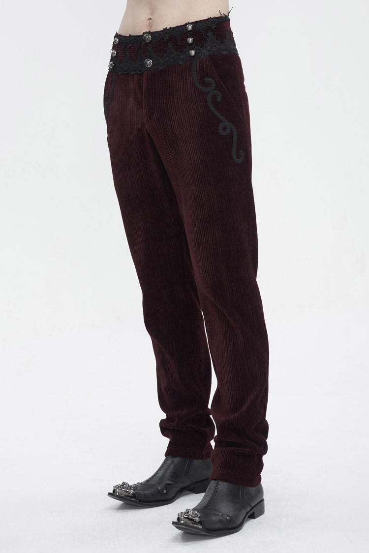 Red High Waisted Lace Splice Men's Gothic Pants