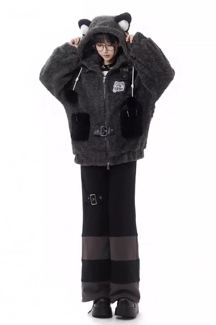 Black/Grey [Little Hibernating Bear] Long Sleeves Hooded Zippered Sweet Lolita Coat and Pants Set