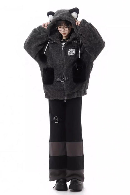 Black/Grey [Little Hibernating Bear] Long Sleeves Hooded Zippered Sweet Lolita Coat and Pants Set