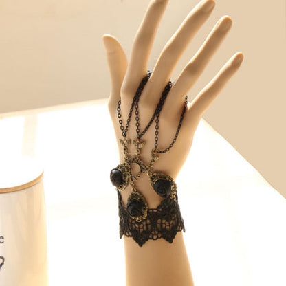Black Retro Fashion Rose Flower Lace Tassel Female Gothic Lolita Ring Bracelet
