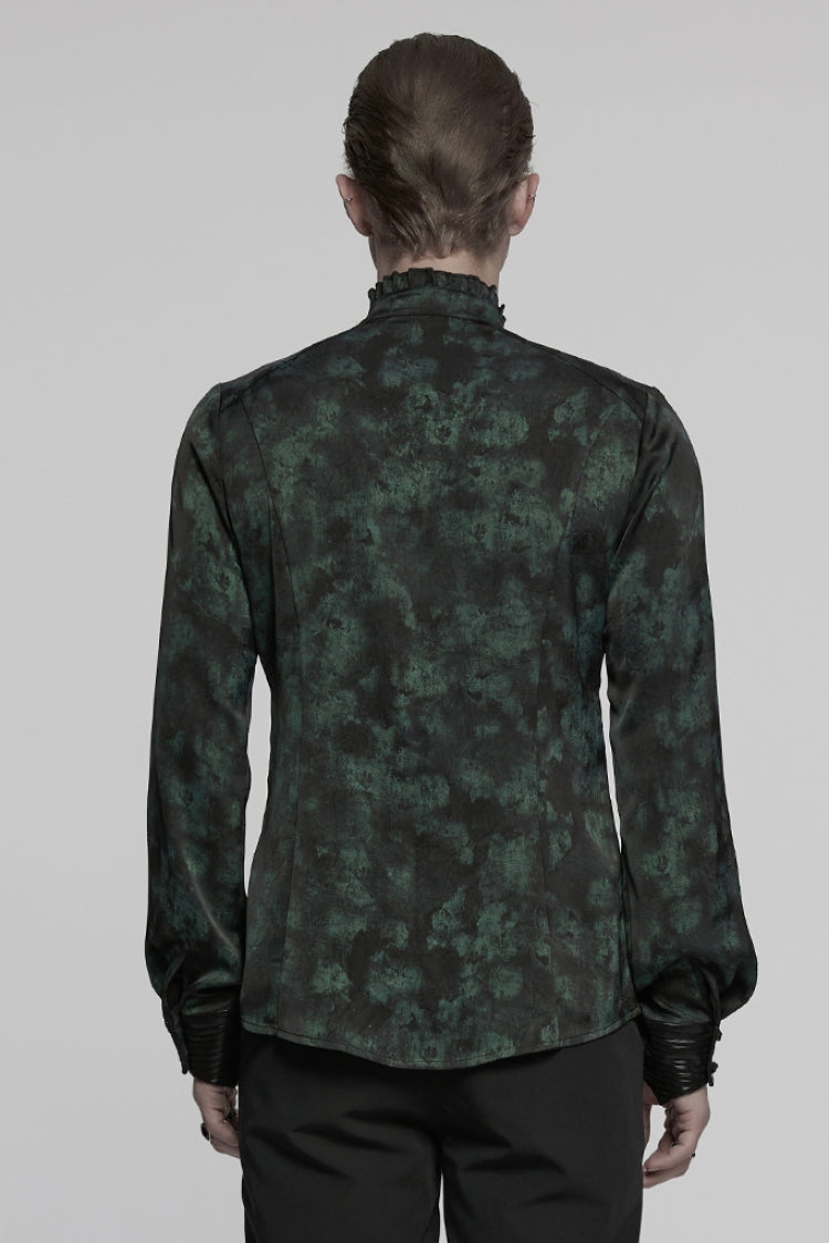 Black/Green Stand Collar Long Sleeves Ruffle Pleated Men's Gothic Blouse