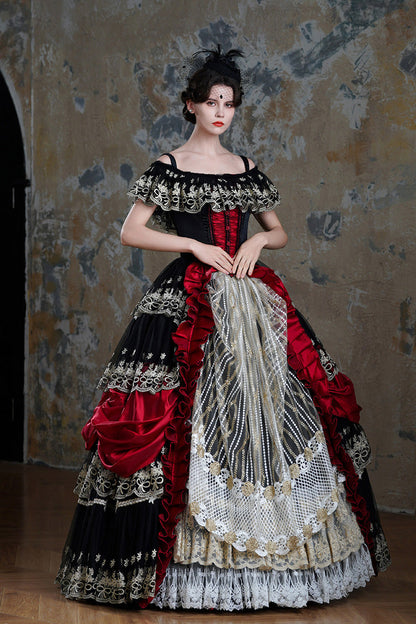 Black/Red Off Shoulder Short Sleeves Multi-Layered Ruffled Open-Front Mesh Gothic Vintage Palace Lolita Victorian Dress