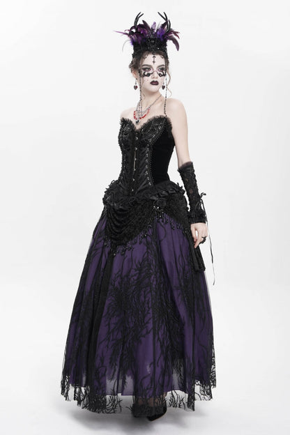 Black Sleeveless Beaded Lace Lace-Up Women's Gothic Overbust Corset