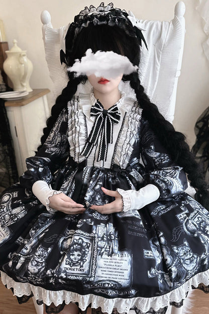 Black [Antique Cat] Print Long Sleeves Ruffle Bowknot Gothic Princess Lolita Dress