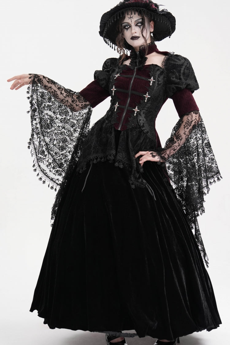 Wine Red Long Sleeves Hollow Lace Tassels Women's Gothic Jacket