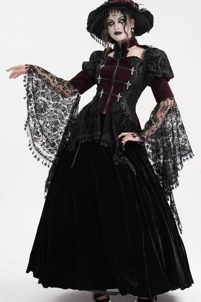 Wine Red Long Sleeves Hollow Lace Tassels Women's Gothic Jacket