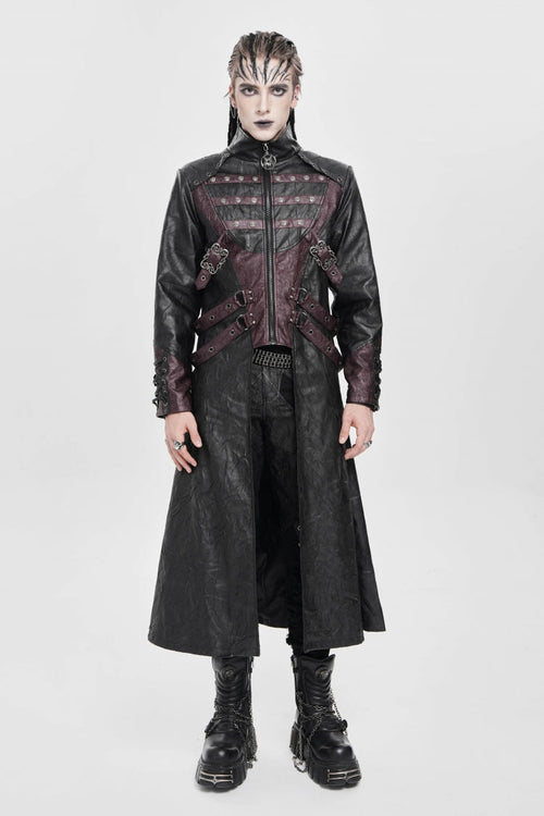 Black/Red Stand Collar Zipper Straps Eyelet Men's Punk Coat