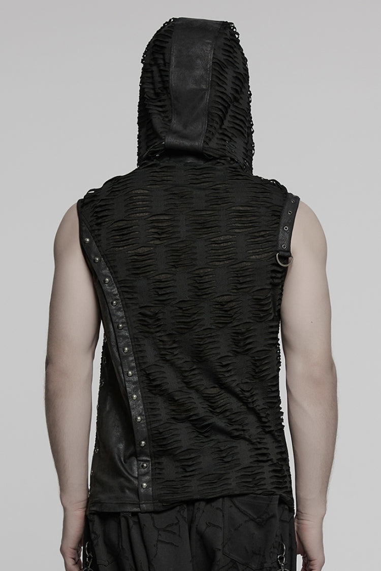 Black Sleeveless Hooded Ripped Ruched Men's Punk Vest