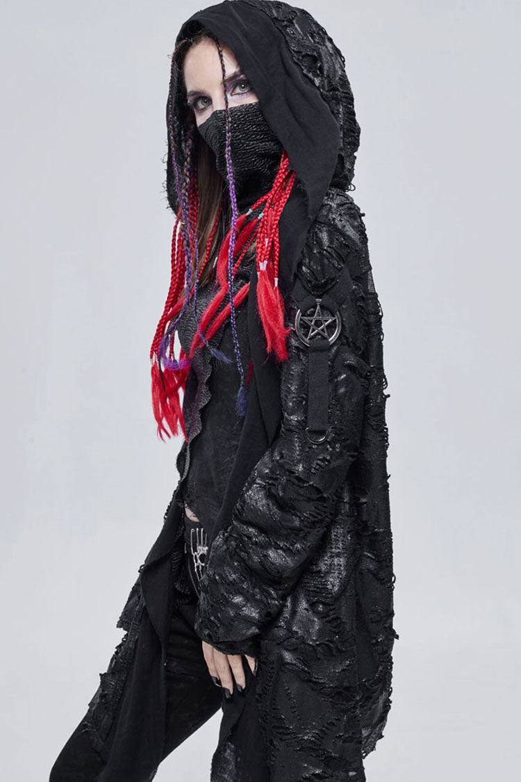 Black Punk Diablo Hole Design Cross Shape Stitching Transparent Mesh Metal Decoration Knitted Women's Coat