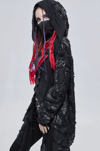 Black Punk Diablo Hole Design Cross Shape Stitching Transparent Mesh Metal Decoration Knitted Women's Coat