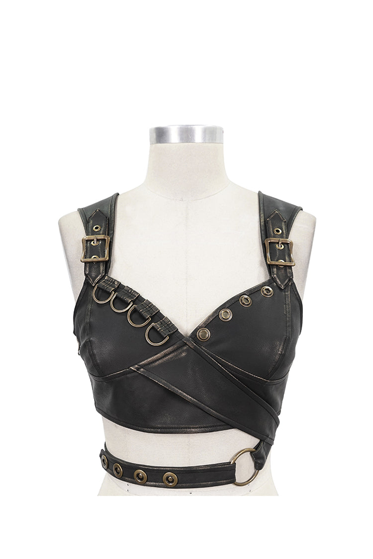 Brown Vintage Hand Wiped Leather Shoulder Loop Backless Lace Up Short Women's Punk Waistcoat