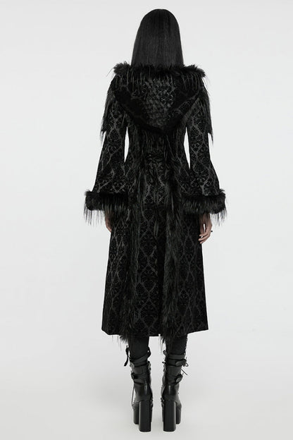 Black Stand Collar Long Sleeves Jacquard Print Stitching Hooded Women's Gothic Coat