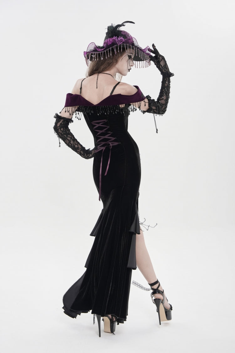 Black/Purple Off Shoulder Sleeveless Embroidered Lace Slim Women's Gothic Gorgeous Strapless Dress