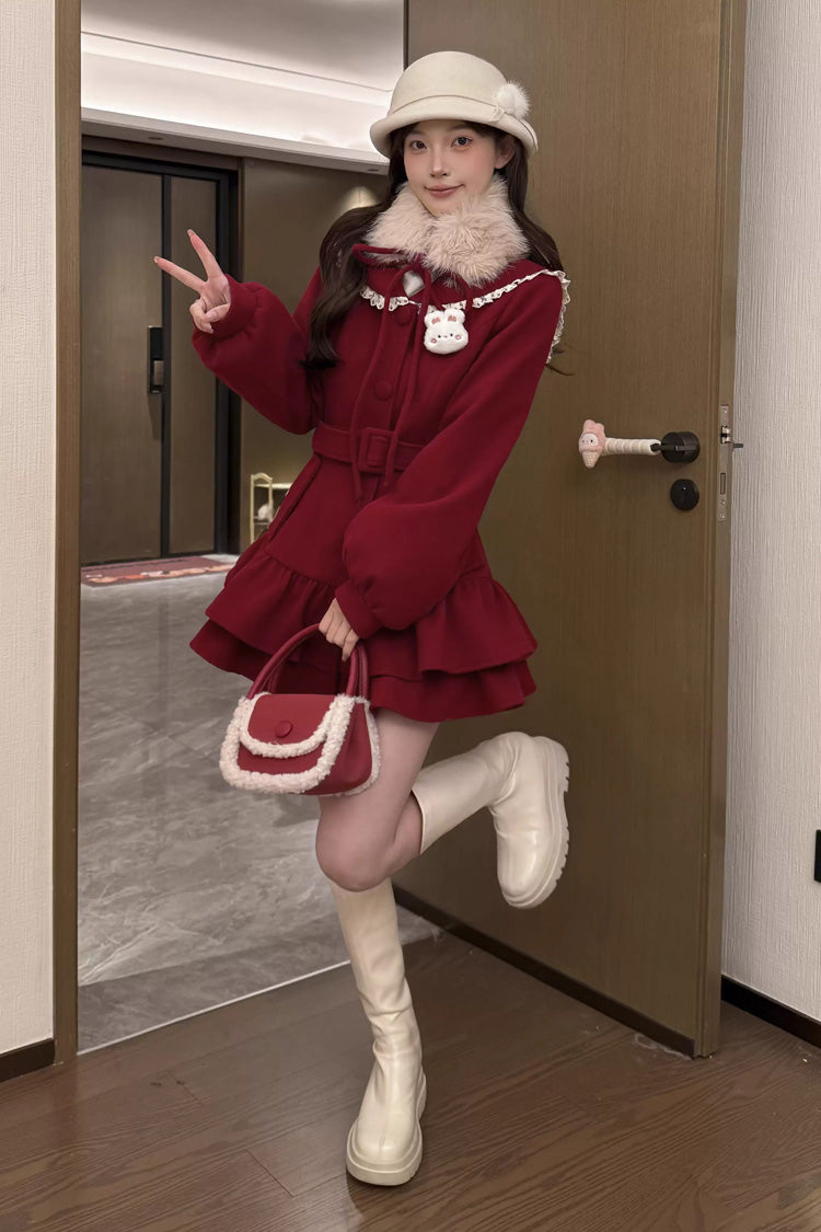Red [Berry Champagne] Doll Collar Long Sleeves Double-Layered Ruffled Sweet Princess Lolita Wool-blend Coat