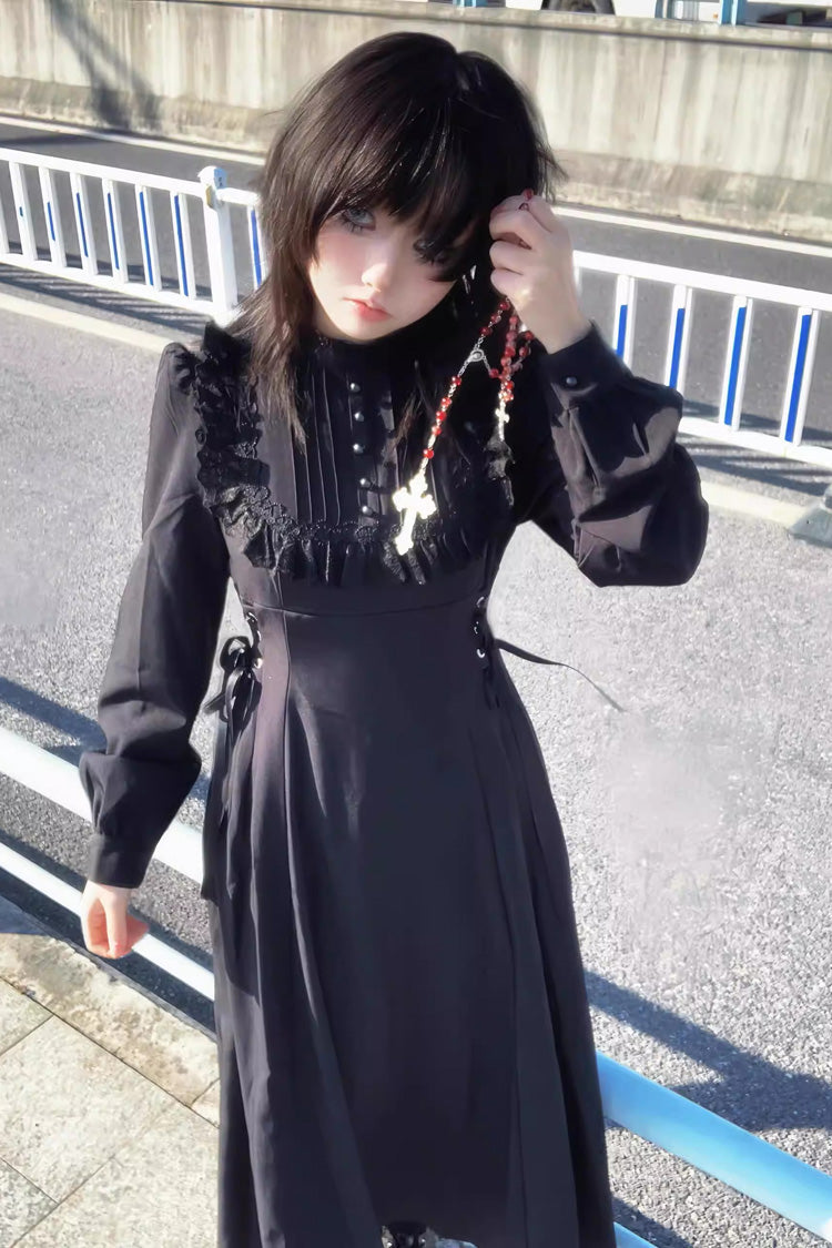 Black Stand Collar Long Sleeves Ruffled Lace-Up Gothic Lolita Dress