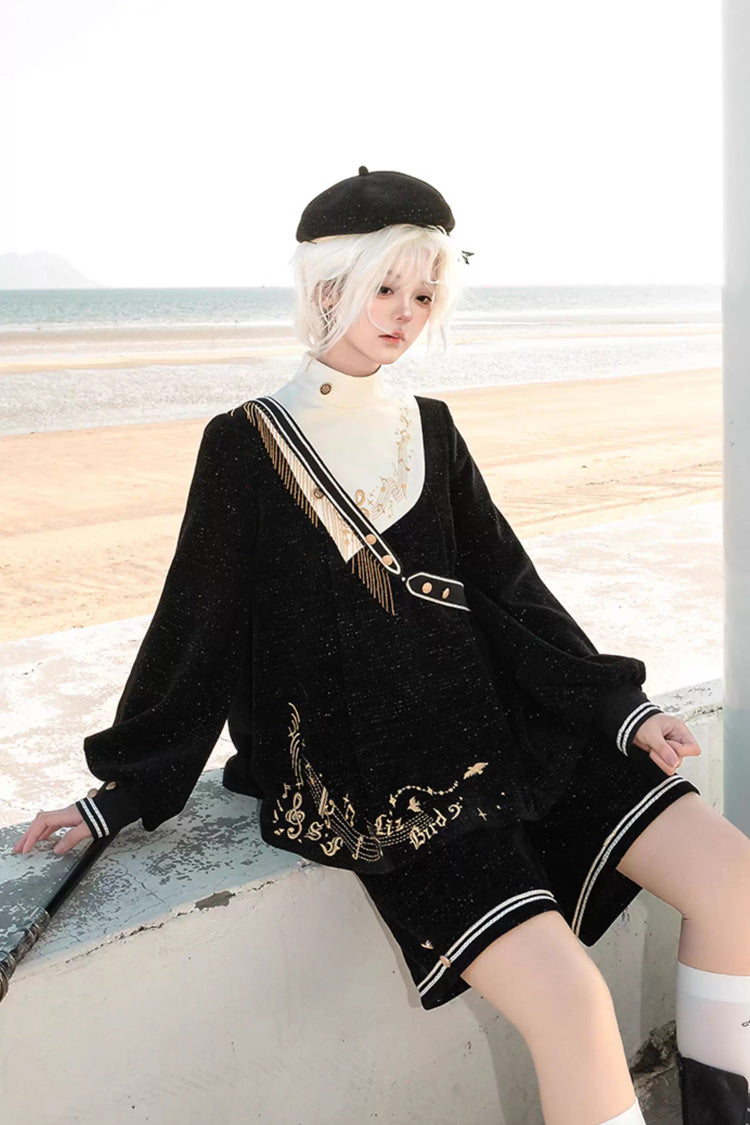 Black [Song Of Tomorrow] Long Sleeves Embroidery Asymmetric Gothic College Style Ouji Lolita Full Set