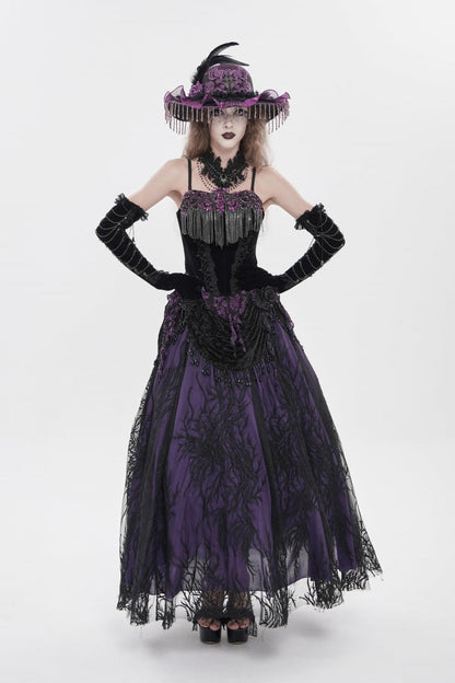 Black/Purple Lace-Up Women's Gothic Embroidered Tassels  Overbust Corset