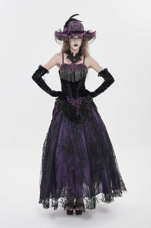 Black/Purple Lace-Up Women's Gothic Embroidered Tassels  Overbust Corset