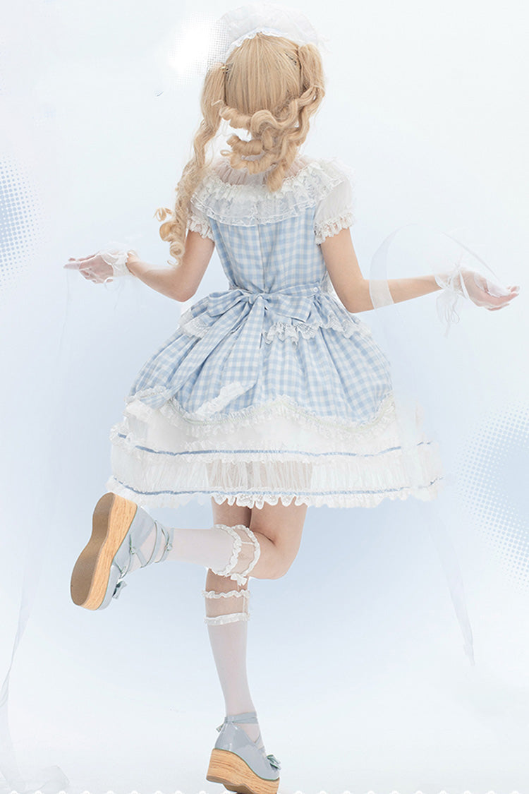 Blue [Tea Break Sweetheart] Short Sleeves Multi-Layered Plaid Print Ruffle Sweet Lolita Dress