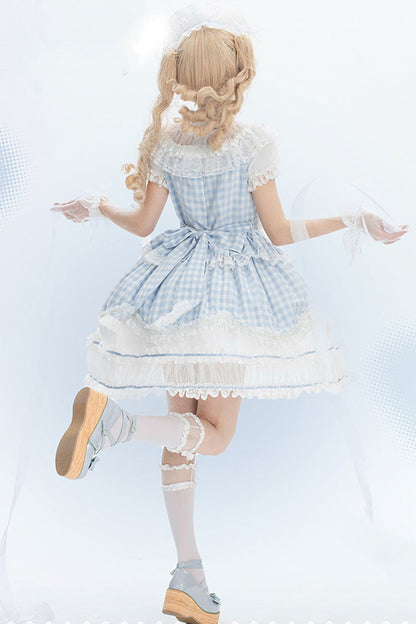Blue [Tea Break Sweetheart] Short Sleeves Multi-Layered Plaid Print Ruffle Sweet Lolita Dress