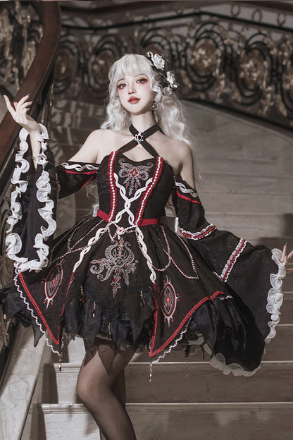 Black [Phantom Devourer] Off Shoulder Long Hime Sleeves Print Embroidery Gothic Lolita Dress