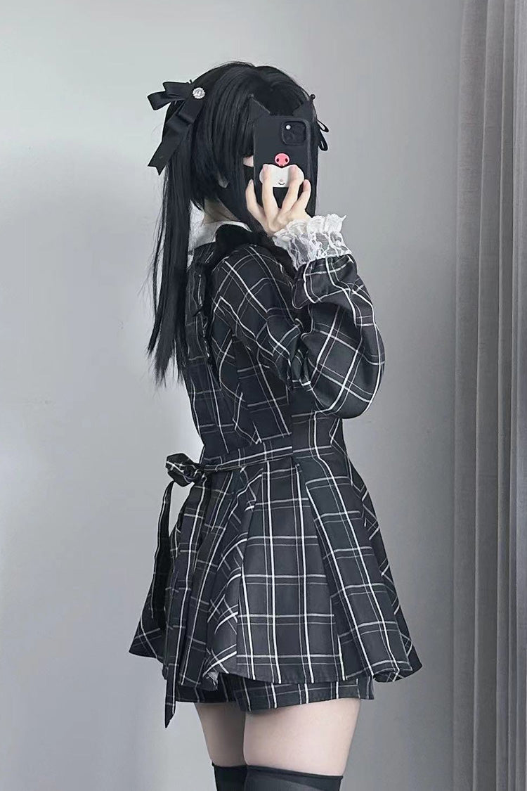 Black/White [Heart-beating Limited] Long Sleeves Plaid Print Print Bowknot Lace Gothic Jirai Kei Dress Set