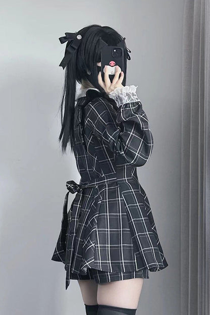 Black/White [Heart-beating Limited] Long Sleeves Plaid Print Print Bowknot Lace Gothic Jirai Kei Dress Set