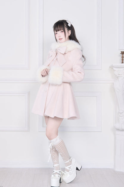 Pink Plush Collar Long Sleeves Bowknot Japanese Sweet Lolita Coat