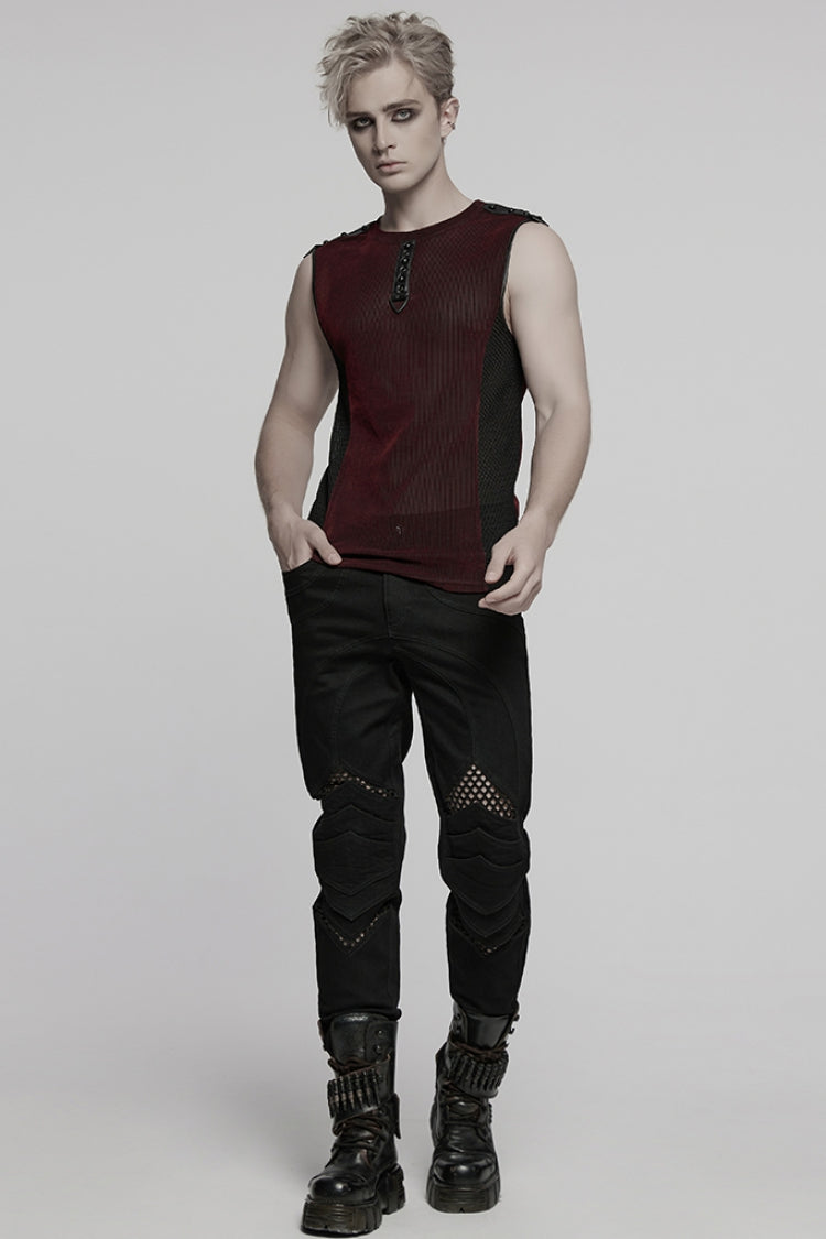 Black/Red Round Collar Sheer Mesh Color Matching Rivet Men's Punk Vest