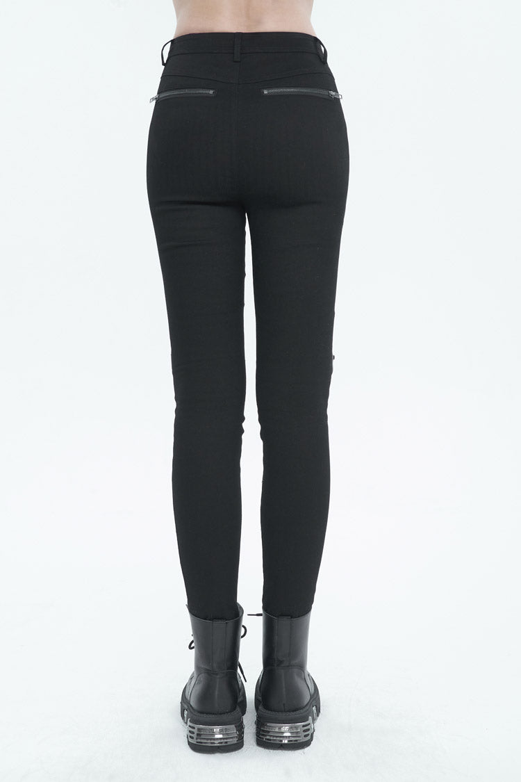 Black Slightly Elastic Twill Pu Tie Rope Decoration Women's Punk Trousers